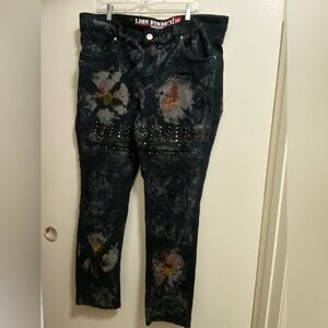 Lion Dynasty Mens Black Denim Moto Jeans 42x28 Size 38 Tie Dye Prints Allover